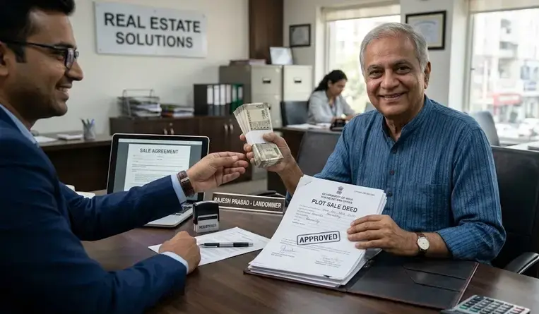 Landowner holding cash after plot sale, legal papers approved, real estate transaction, professional property deal. -Sell My Land for Cash. -1